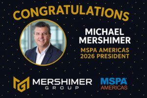 Michael Mershimer named MSPA Americas 2026 President in a celebratory graphic with logos and orange background.